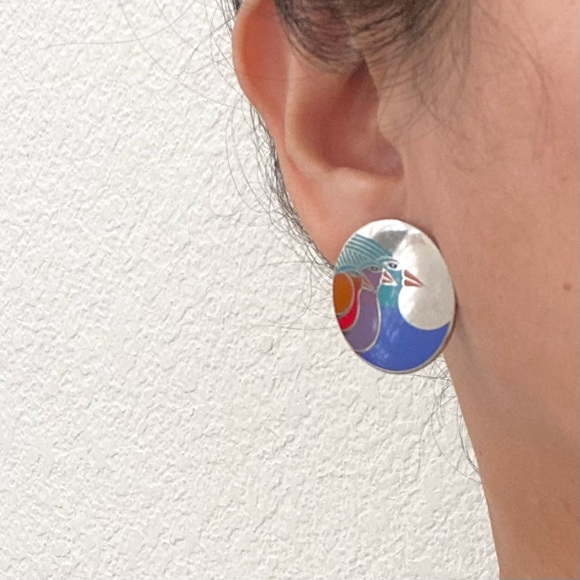 LAUREL BURCH Signed Celestial Birds Enamel Silver-tone Round Post Earrings 11.6g - Picture 2 of 12